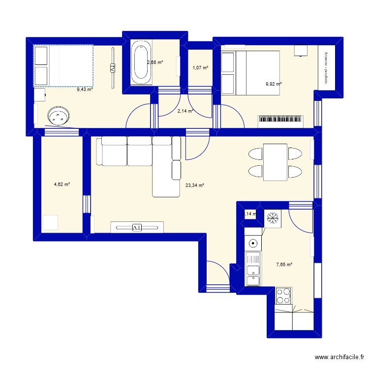T3 sur nousss. Plan de 9 pièces et 61 m2