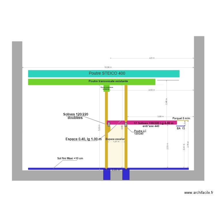 COUPE Transvesale 3 niveaux* . Plan de 2 pièces et 2 m2