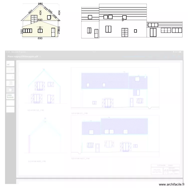 extension coupe et fa&ccedil;ade. Plan de 