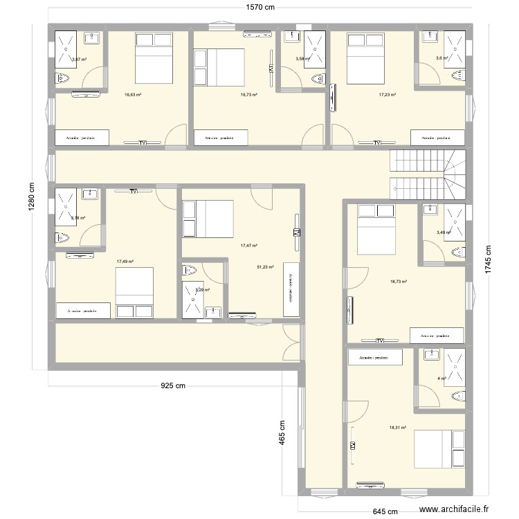 R+1. Plan de 15 pièces et 199 m2