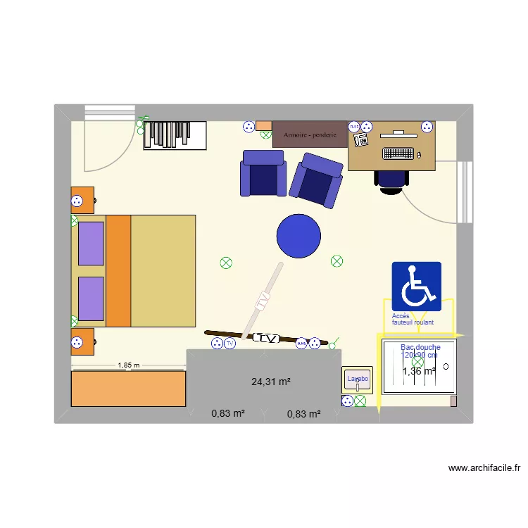 chambre Eliane 12. Plan de 4  et 27 m²