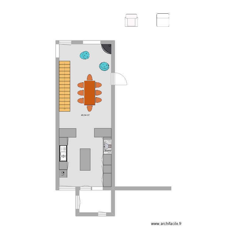 Cuisine avec couleur. Plan de 1 pièce et 40 m2