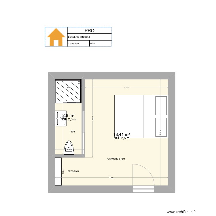 CHAMBRE 3 RDJ. Plan de 2 pièces et 16 m2
