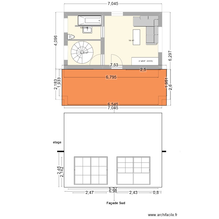 Façade SUd. Plan de 6 pièces et 48 m2
