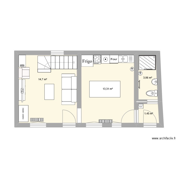 rdc bis. Plan de 4 pièces et 33 m2