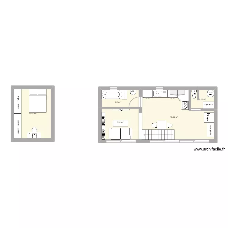 Essai 2 (+étage -veranda). Plan de 5 et 46 m² Essai 2 (+étage -veranda). Plan de 5 et 46 m²