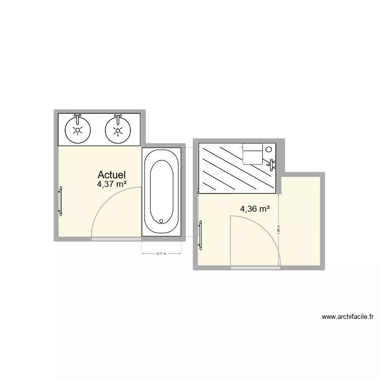 Sdb actuelle. Plan de 2 et 9 m² Sdb actuelle. Plan de 2 et 9 m²