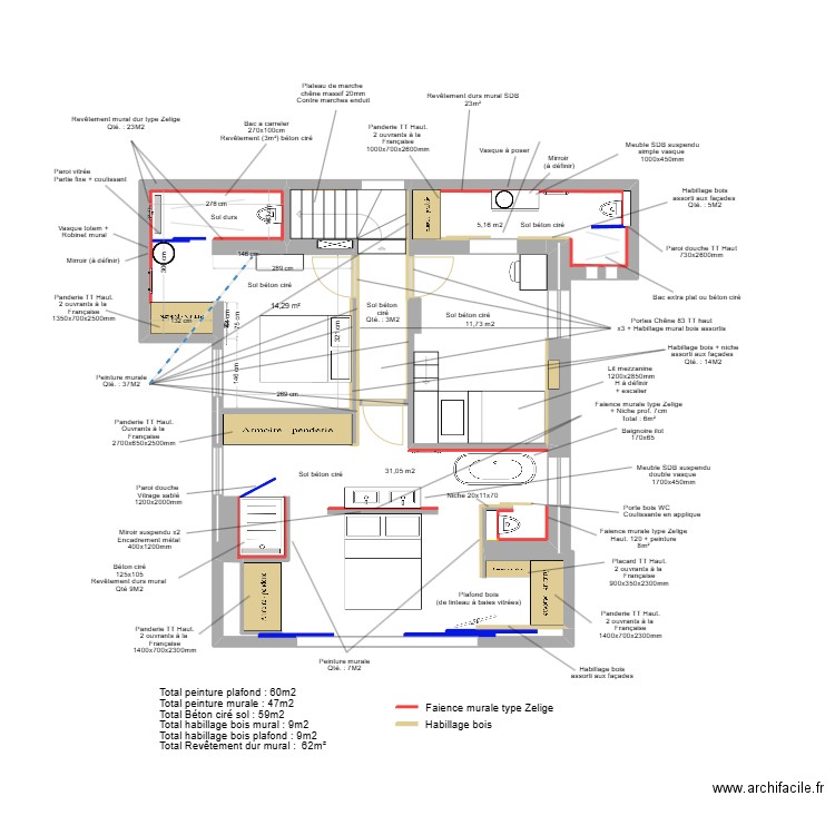 Roc Mer RDC - Agencement + Matériaux 2. Plan de 1 pièce et 14 m2