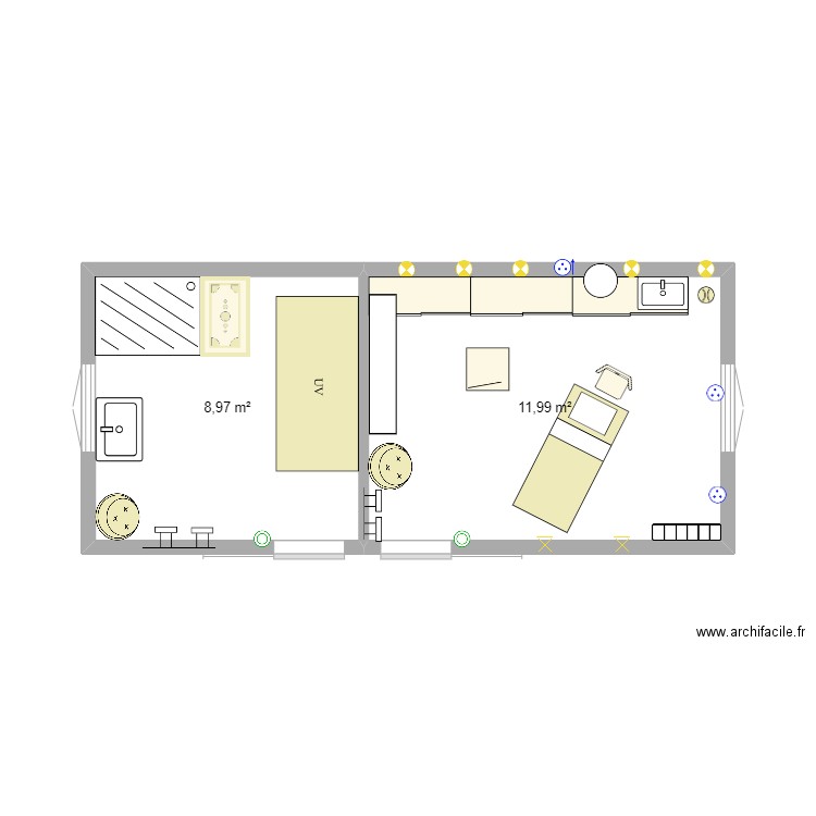 Cabine SV et UV. Plan de 2 pièces et 21 m2