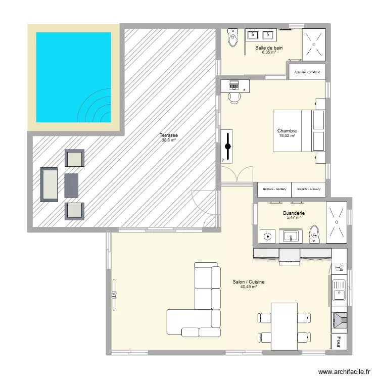 T2 de 70.33 m2 + piscine. Plan de 