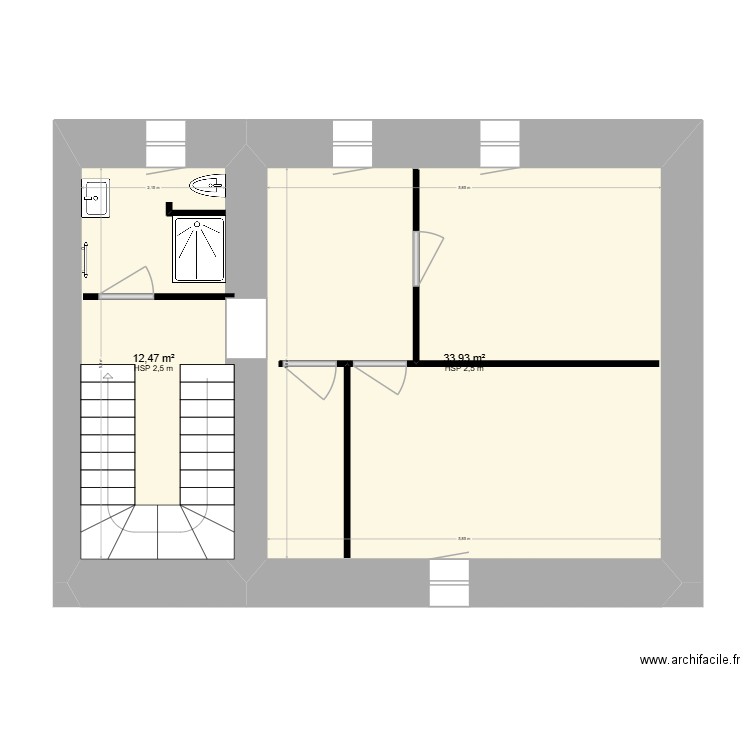 étage 1. Plan de 2 pièces et 46 m2