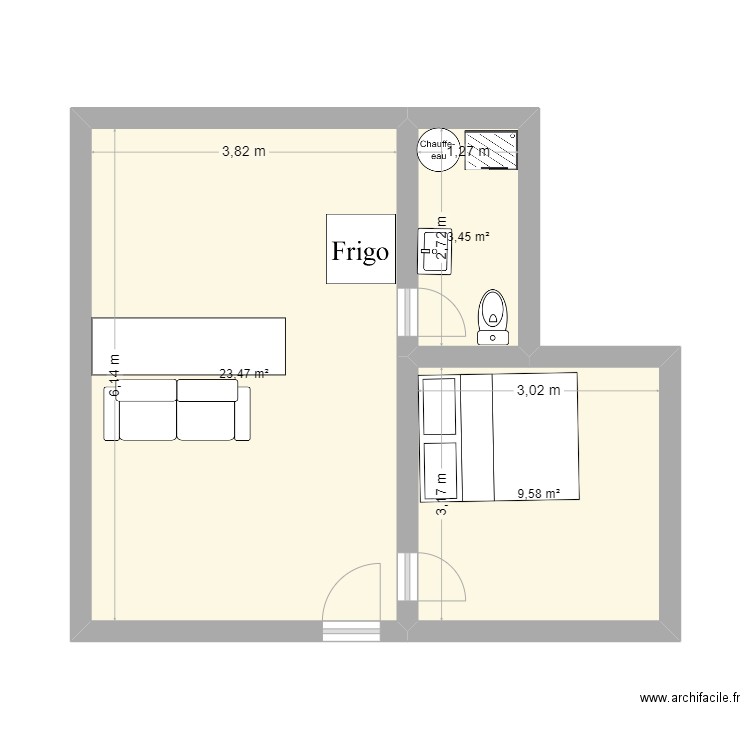 Appart L. Plan de 3 pièces et 36 m2