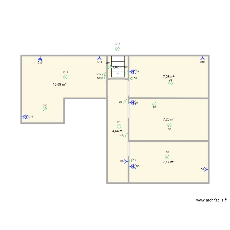 etage dea. Plan de 6 pièces et 37 m2