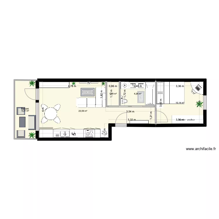 appartement parisien chic. Plan de 5  et 46 m²