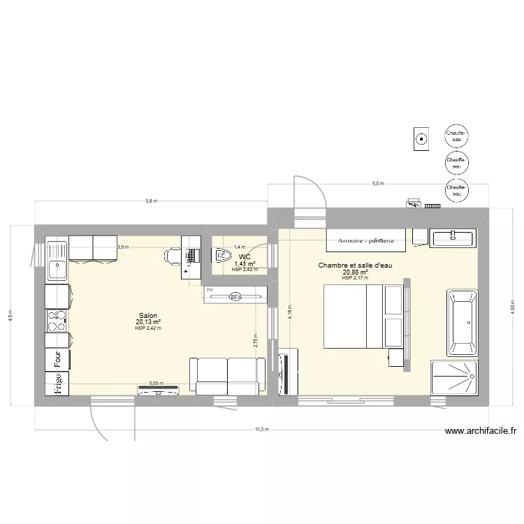 T2 maman apr&egrave;s travaux. Plan de 3 pièces et 42 m²
