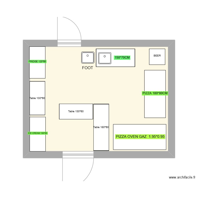 pizzeria. Plan de 1 pièce et 21 m2