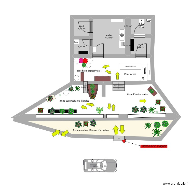 magasin  fleurs ambiance. Plan de 8 pièces et 23 m2