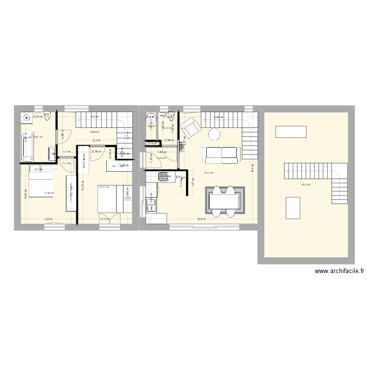 RDC + R+1 V5. Plan de 10 pièces et 120 m2