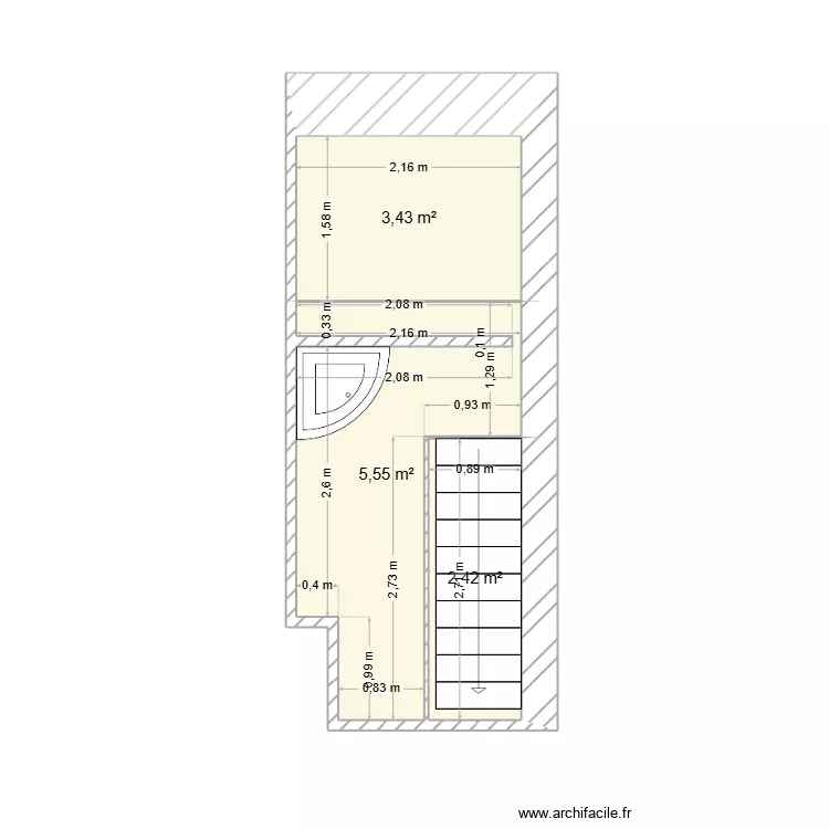 sdb + panne + douche. Plan de 2  et 11 m²