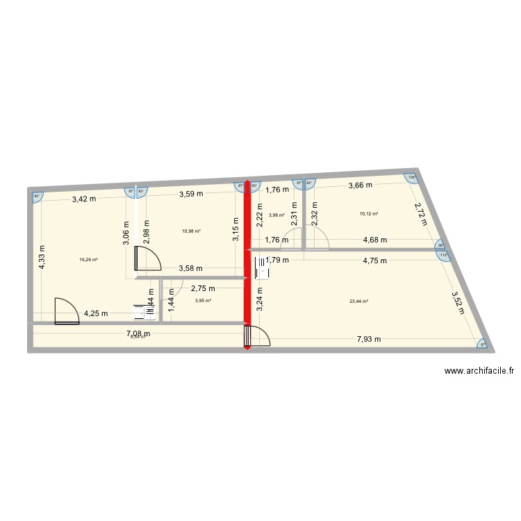 2ème étage. Plan de 7 pièces et 74 m2
