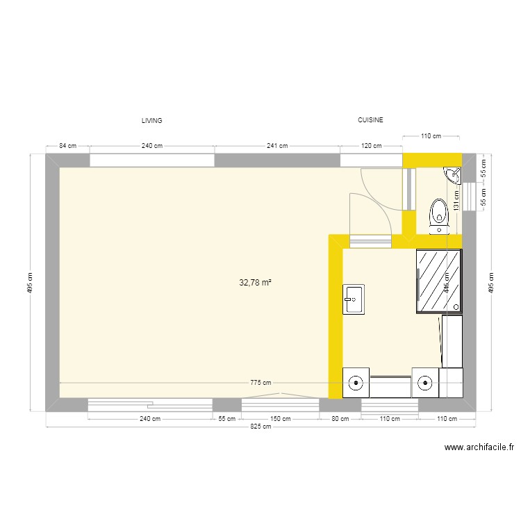 Projet Baton V4. Plan de 1 pièce et 33 m2