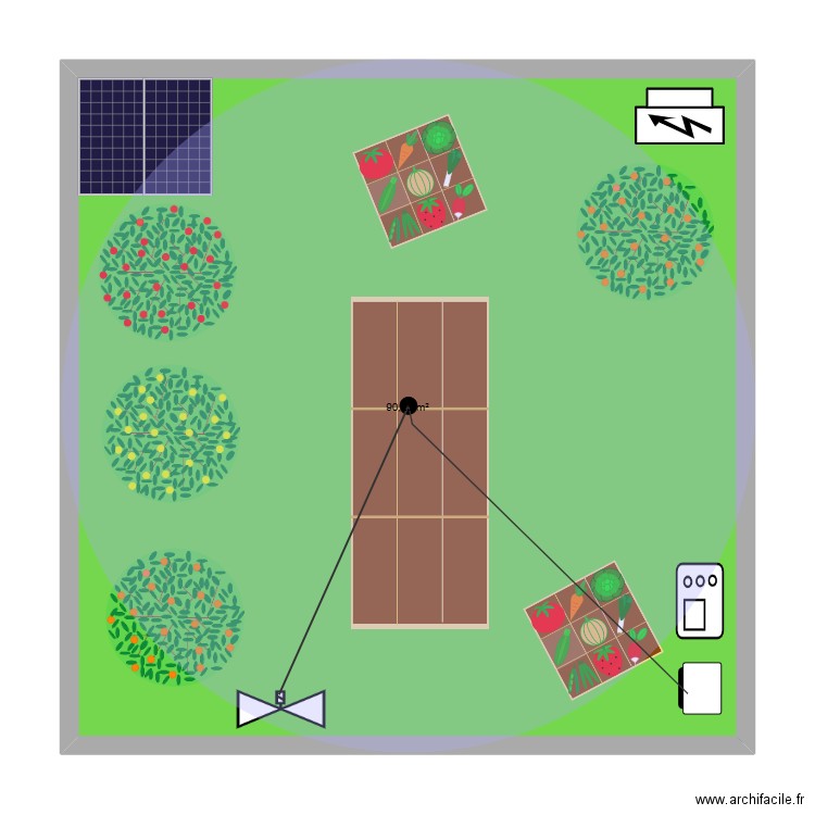 jardin partagé. Plan de 1 pièce et 90 m2