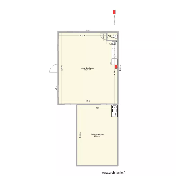 Local chasse am&eacute;nagement. Plan de 3  et 65 m²