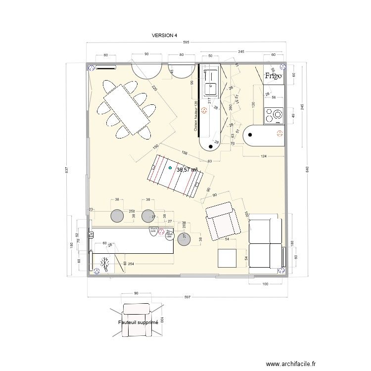 Modifications version 4. Plan de 1 pièce et 37 m2