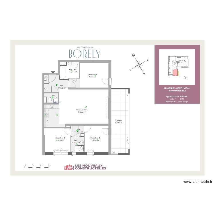 Terrasses Borely 2. Plan de 2 pièces et 70 m2