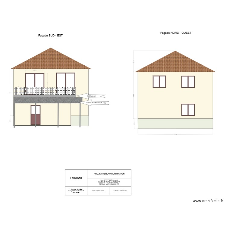 Façades N-O  et S-E  EXISTANT. Plan de 0 pièce et 0 m2