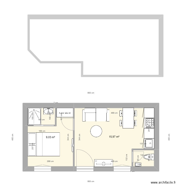 combattant. Plan de 2 pièces et 25 m2