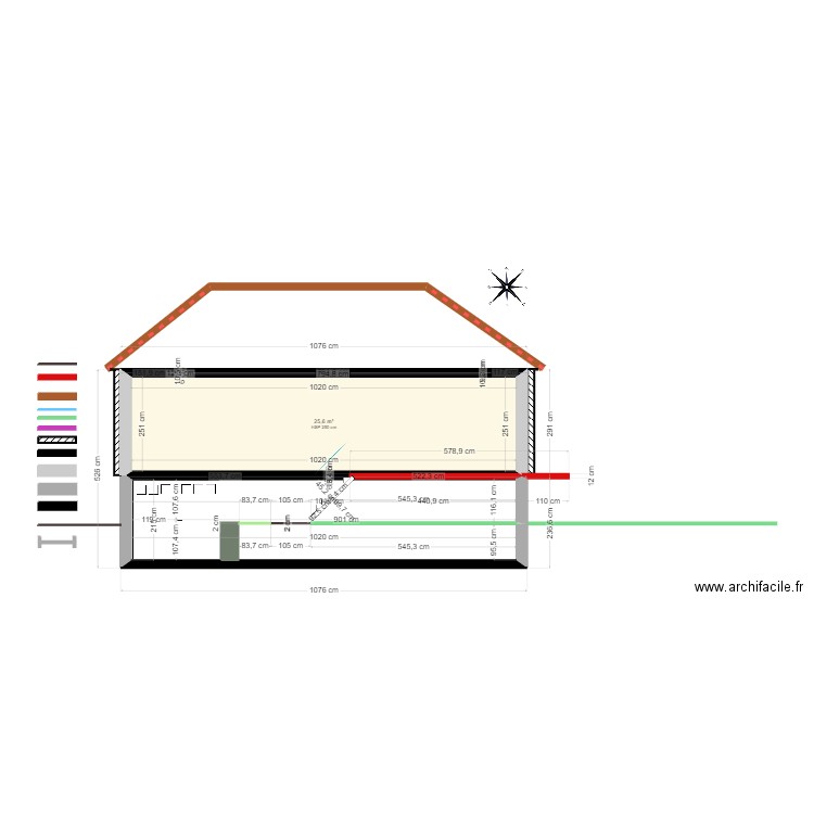 plan coupe vue façade à modifier. Plan de 1 pièce et 26 m2