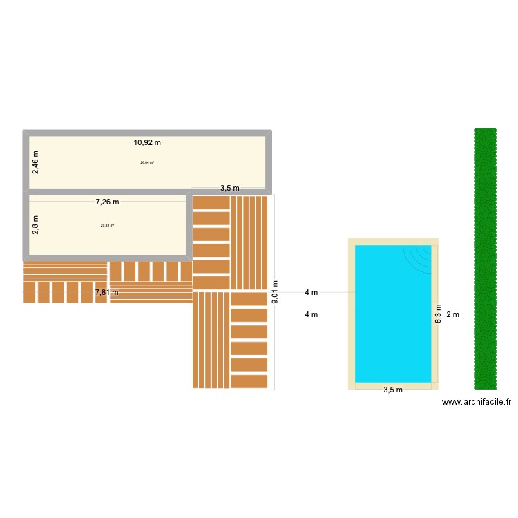 Piscine. Plan de 2 pièces et 47 m2