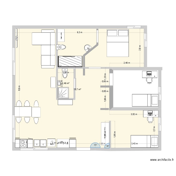 victor 2. Plan de 2 pièces et 77 m2