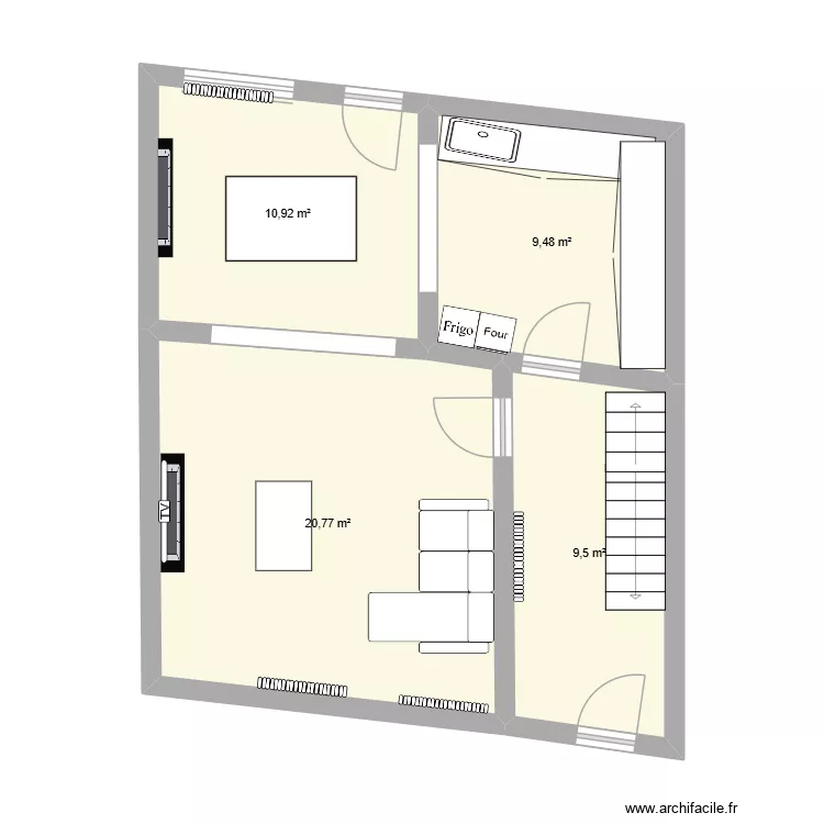 pi&egrave;ce du bas. Plan de 4 pièces et 51 m²