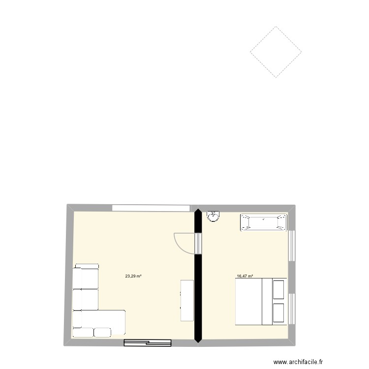 Extension. Plan de 2 pièces et 40 m2