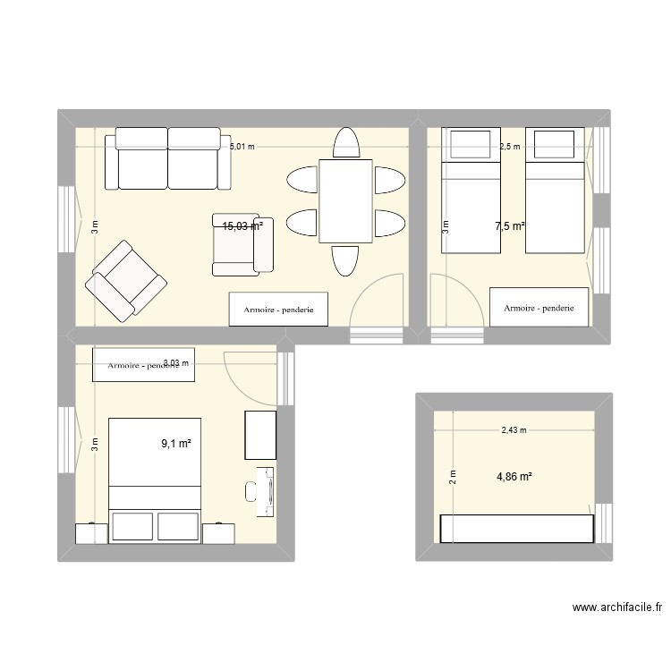 Tamisier. Plan de 4 pièces et 36 m2