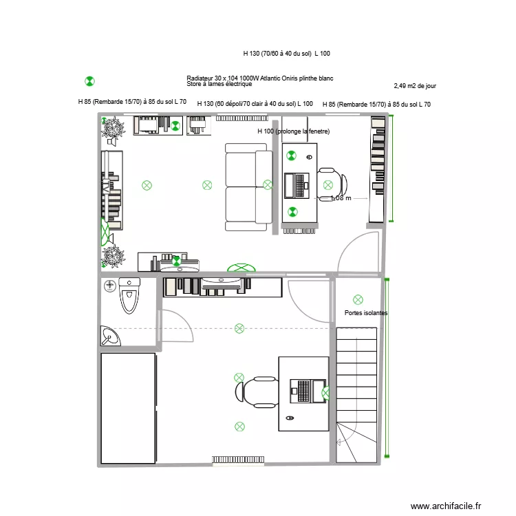 (def) Salon et bureau 3 fen&ecirc;tre fauteuil perpendiculaire fen&ecirc;tre. Plan de 4  et 37 m²