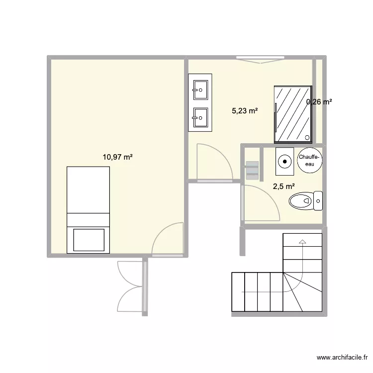 sdb gde douche double vasque. Plan de 4  et 19 m²