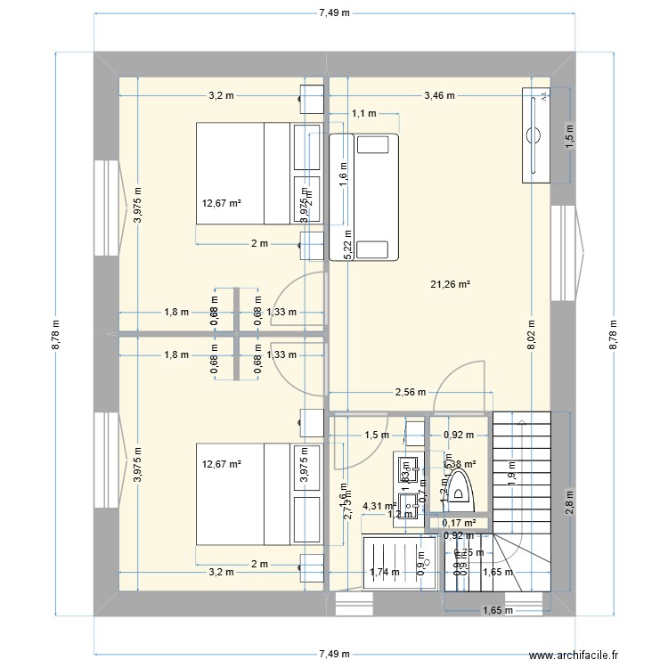 Plan2_Etage. Plan de 6 pièces et 52 m2
