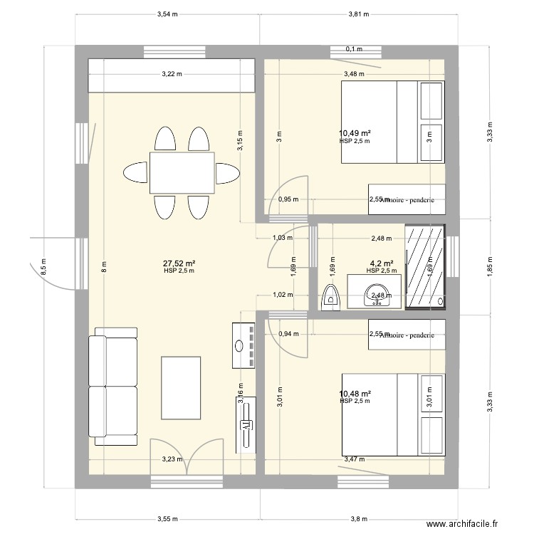 Pallier plan B\'. Plan de 4 pièces et 53 m2