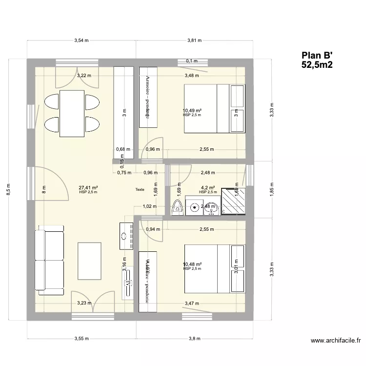Pallier plan B\'. Plan de 4 pièces et 53 m²