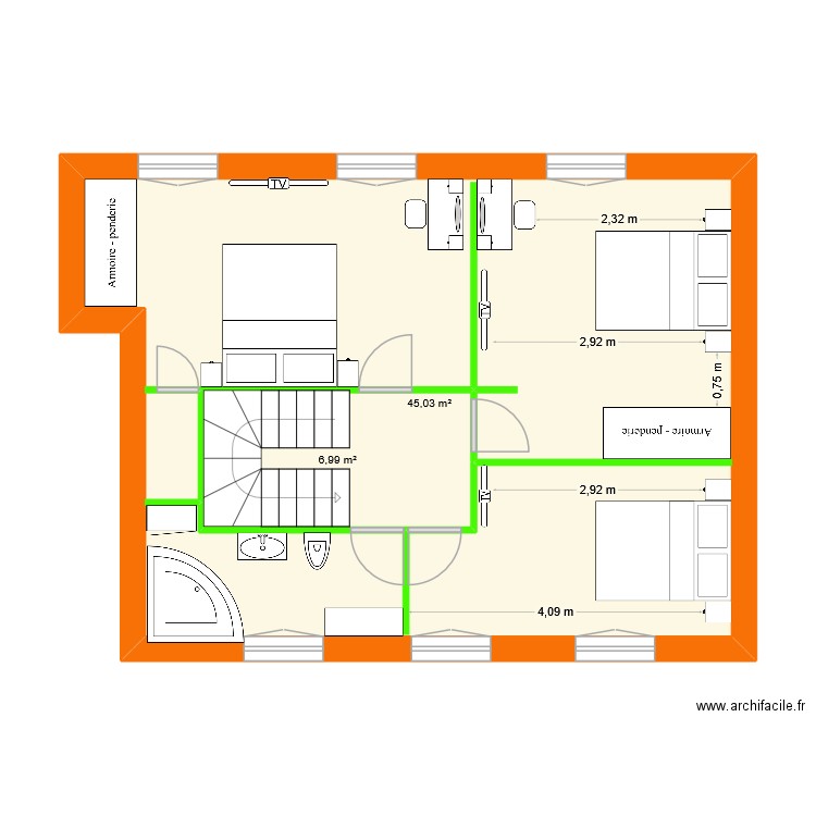 etage. Plan de 2 pièces et 61 m2