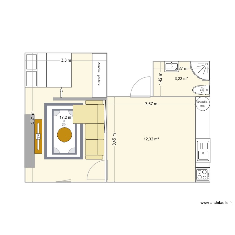 Studio T1 bis (V1). Plan de 3 pièces et 33 m2