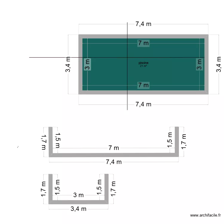 Plan en coupe piscine. Plan de 1  et 21 m²