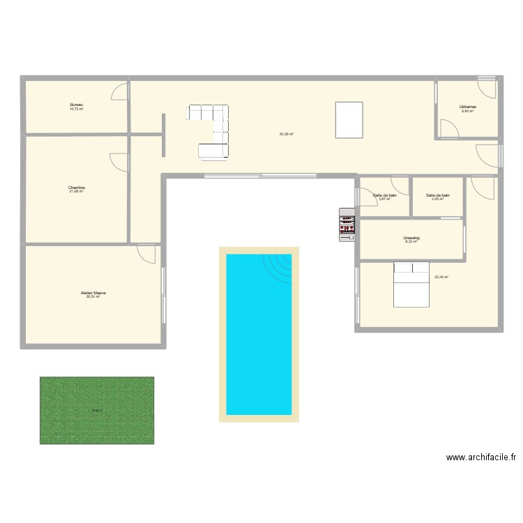 maison U. Plan de 9 pièces et 170 m2
