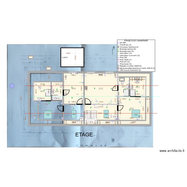 6AA_ETAGE_2_2. Plan de 16 pièces et 91 m2