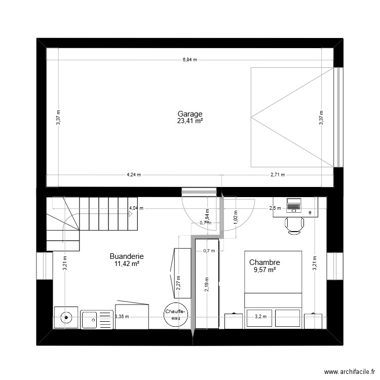 Projet Bourdier - Heulle. Plan de 3 pièces et 44 m2