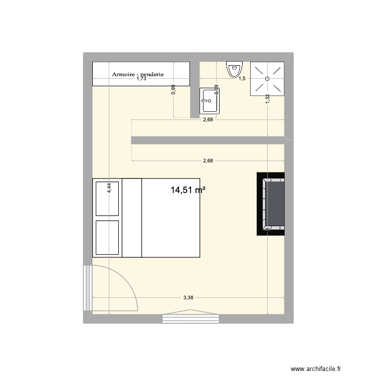Chambre. Plan de 1 pièce et 15 m2