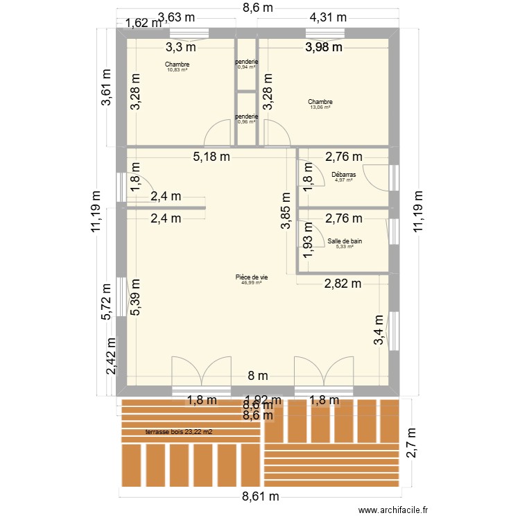 chalet madrier côté ss meuble. Plan de 7 pièces et 83 m2